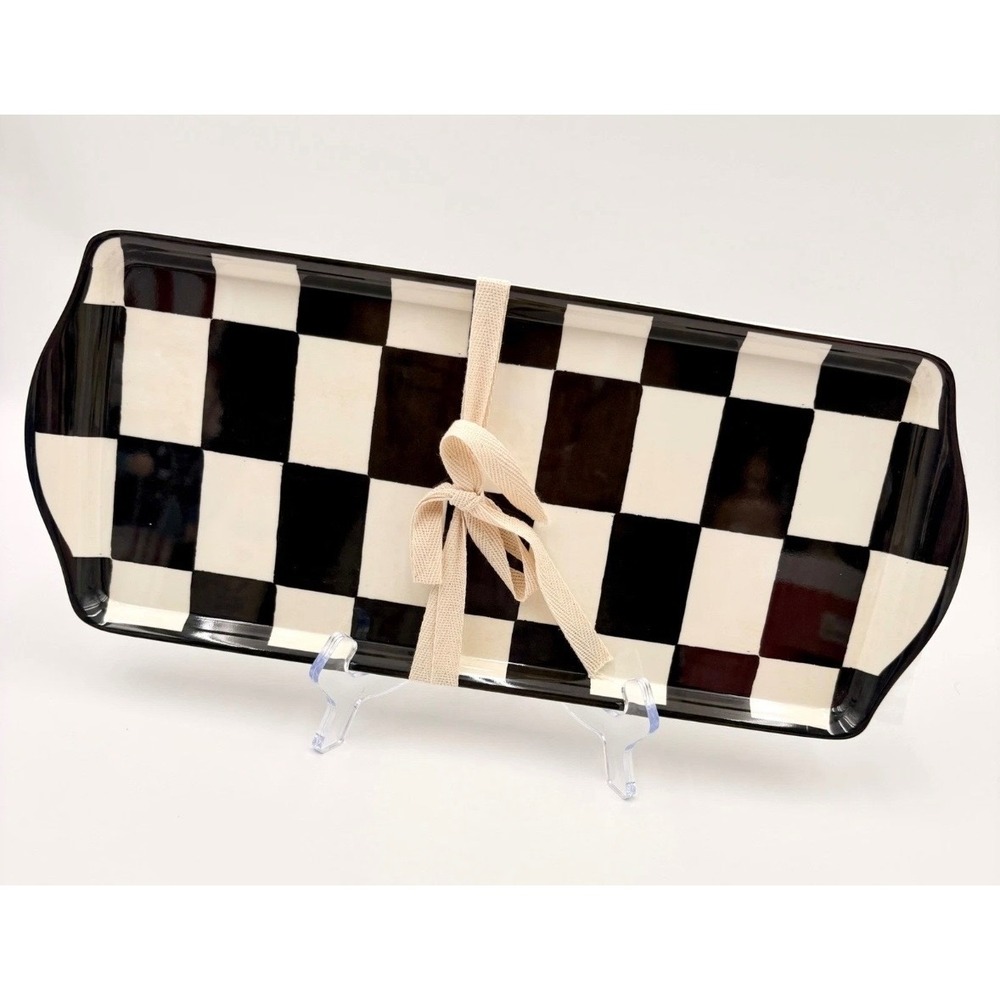 Black and White Checkered Melamine Serving Tray Scalloped Rectangular Platter